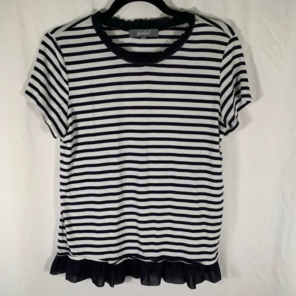 Marled Blouse Womens Small Blue White Striped Ruffle Trim Short Sleeve